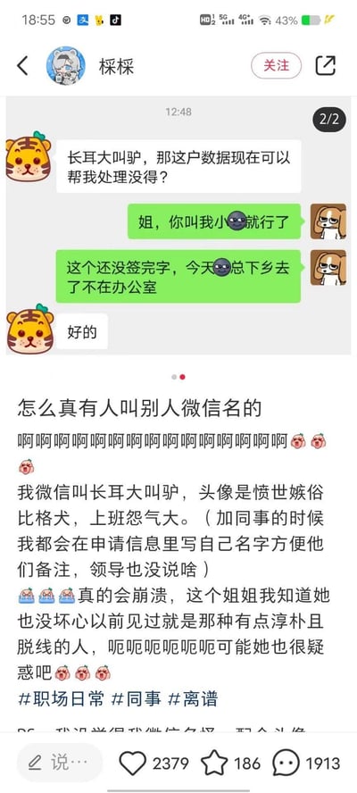 这是一则职场吐槽的图文内容，上方是微信聊天记录截图：同事（老虎头像）直接以作者的微信名“长耳大叫驴”称呼并询问工作事项，作者（丧系比格犬头像）尴尬地提醒对方称呼自己的小名，并说明工作事项因领导下乡无法完成；下方是作者的吐槽文字，称自己的微信名是带上班怨气的“长耳大叫驴”，添加同事时都会备注真名，没想到真有人直接叫微信名，感到崩溃，同时提到这位同事是淳朴脱线的类型，并无坏心。