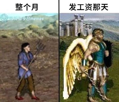 这是一张左右对比的像素风格游戏素材拼接梗图，左侧展示的是经典策略游戏《英雄无敌3》中的农民角色，上方配文“整个月”，农民作为游戏里最低阶的兵种，形象朴实弱小，对应打工人在发薪日前拮据、精打细算，状态平平的日常；右侧展示的是《英雄无敌3》中的大天使角色，上方配文“发工资那天”，大天使是游戏里高阶的强力兵种，形象华丽威严，对应打工人在发薪日时经济宽裕、状态神气的样子。图中用两个反差极大的游戏角色，生动调侃了打工人在整月和发薪日的巨大状态反差，精准戳中职场人的日常感受。