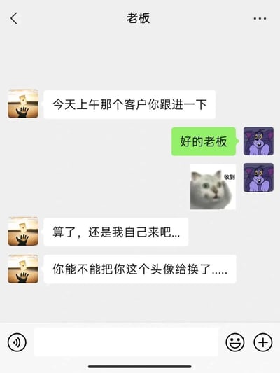 这是一张模拟职场上下级的微信聊天记录截图，内容为：老板首先安排员工跟进上午的客户，员工回复“好的老板”后又发送了一张带有“收到”文字的猫咪表情包；随后老板表示还是自己来跟进客户，紧接着提出要求让员工换掉当前使用的、看起来不太靠谱的《猫和老鼠》里杰瑞的卡通头像。整个对话充满趣味，通过头像引发的小插曲，调侃了职场中一些细节会影响上级对员工的印象，是很贴近职场日常的搞笑内容。