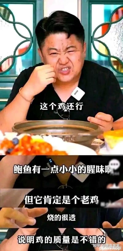 这是一张由美食博主探店视频截图拼接而成的梗图，图中博主眉头紧皱、面部扭曲，表情纠结地评价菜品：先说「这个鸡还行」，接着提到「鲍鱼有一点小小的腥味」，结果话锋一转口误说道「但它肯定是个老鸡，烧的很透，说明鸡的质量是不错的」，完全混淆了评价对象，形成搞笑的反差感，戳中观众对口误出糗场景的笑点。