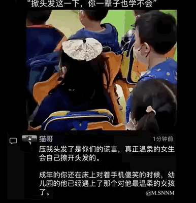 这是一张图文混排的玩梗图，画面主体是幼儿园教室场景，一个小男孩坐在椅子上撩起前方小女孩的头发，顶部配文“掀头发这一下，你一辈子也学不会”，下方模拟社交媒体评论，用“成年的你还在单身傻笑，幼儿园的他已经遇上温柔女孩”的反差感，调侃成年人的单身状态，风格搞笑又扎心，没有双关或谐音梗。