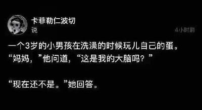 这是一张社交媒体截图，属于纯文字类静态图，内容是一则带有双关梗的搞笑段子：3岁小男孩在洗澡时把玩自己的生殖器，误以为那是自己的大脑，便向妈妈询问，妈妈给出“现在还不是”的回答。这个回答暗藏双关，调侃部分男性在成长过程中会被认为“用下半身思考”，通过生活化的场景和巧妙的对话设计，制造出荒诞又幽默的笑点，适合在社交平台传播以博人一笑。