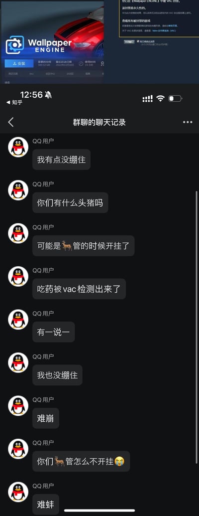 这是一张上下拼接的截图内容，上方是Steam平台中《Wallpaper Engine》（壁纸引擎）的VAC永久封禁提示界面，明确显示该封禁为永久性，用户后续无法在该游戏的VAC安全服务器游玩；下方是手机QQ的群聊记录，群友针对这一离谱的封禁事件玩低俗谐音梗，用🦌（鹿）谐音“路”，编造“鹿管的时候开挂、吃药被VAC检测出来”的离谱原因，同时连发“我有点没绷住”“我也没绷住”“难崩”“难蚌”等网络热词，表达对该事件的好笑、无奈情绪，整体充满玩梗的戏谑氛围。
谐音梗说明：“鹿管”是“撸管”的谐音，属于低俗玩梗，用来调侃无厘头的封禁结果。