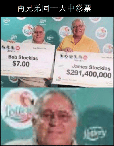 图片展示了两位老年兄弟Bob Stocklas和James Stocklas在同一天中彩票后手持奖金支票的场景。左侧的Bob手持一张面额为7美元的支票，右侧的James则手持一张面额高达2.914亿美元的巨额支票，两人身后是印有多个“Lottery”标志的绿色背景板。图片上方配有文字“两兄弟同一天中彩票”，通过两人奖金数额的巨大反差（7美元 vs 2.914亿美元）形成强烈对比，营造出幽默搞笑的效果。下方的特写镜头进一步突出了人物表情，强化了这种戏剧性的对比感。