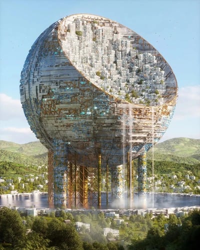 这是一张未来主义风格的巨型球形城市建筑概念图。建筑整体呈巨大的半球体，外壳部分透明，内部暴露着密集排列的白色小型建筑单元，其间点缀着绿色植被。建筑底部由多根粗壮的支柱支撑，支柱上有蓝色光效装饰，部分区域有水帘从球体边缘倾泻而下，形成壮观的瀑布效果。背景是开阔的自然景观，远处是连绵的绿色山丘，近处有湖泊和低矮的建筑群，整体呈现出科技与自然融合的视觉冲击。