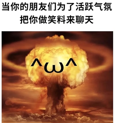图片上方有文字“当你的朋友们为了活跃气氛把你做笑料来聊天”，下方是一张核爆炸的图片，蘑菇云中间有“∧ω∧”的表情符号。这张图通过夸张的核爆炸画面与可爱的表情符号形成反差，幽默地表达了当自己被朋友当作笑料时内心的强烈反应，既有无奈又有搞笑的意味。