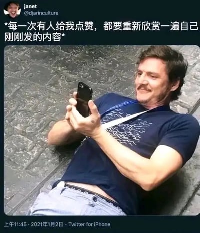 这是一张社交媒体梗图，内容为Twitter用户janet (@djarinculture)发布的一条推文截图。推文配有一张男子躺在石质地面上、面带满意微笑查看手机的照片，文字内容为："*每一次有人给我点赞，都要重新欣赏一遍自己刚刚发的内容*"，幽默地描绘了人们在社交媒体获得点赞后反复查看自己内容的常见行为。
