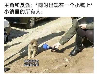 这是一张搞笑吐槽类梗图，上方配文“主角和反派：*同时出现在一个小镇上* 小镇里的所有人：”，引出下方的画面：一只小狗蹲坐在泥土地上，旁边有个仅露出部分身体的人蹲着将话筒递向它，小狗下方配文“呐简而言之 就是倒大霉”。图片用拟人化的方式，以小狗代指小镇居民，吐槽在常见的影视、故事剧情里，当主角和反派同时出现在一个地方时，当地无辜居民总会被卷入纷争、遭遇无妄之灾，小狗委屈的神态也强化了这种倒霉又无奈的情绪，十分贴合吐槽的语境。