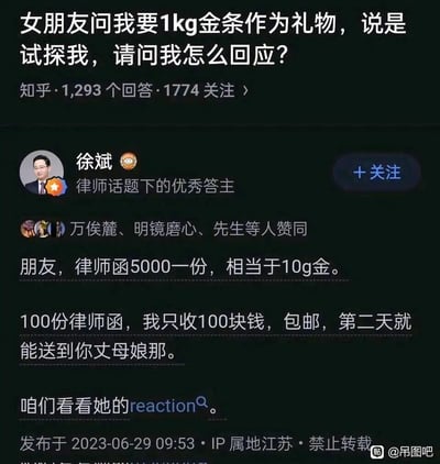 这是一张知乎平台的问答截图，用户提出情感类难题：女朋友以试探为由索要1kg金条作为礼物，询问该如何回应。律师话题下的优秀答主徐斌给出了充满反差感的搞笑回复，他先将律师函的价格与金价做类比，接着调侃称100份律师函只收100元还包邮，第二天就能送到用户的丈母娘那里，以此方式“反试探”女朋友的反应，用和自身专业相关的玩梗制造出幽默效果，该回复获得了其他用户的赞同。