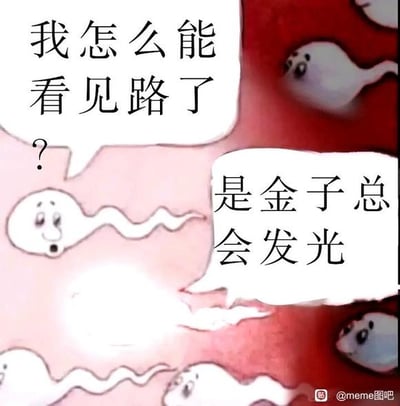 这是一张静态的卡通风格搞笑梗图，属于图文混排且带有对白气泡的P图改编作品。画面背景模拟了生物内部的红色液体环境，多个拟人化的卡通精子在其中游动。其中一个精子身体发出明亮的白光，旁边的一个精子露出惊讶的表情，嘴巴张开，它的对白气泡里写着“我怎么能看见路了？”，另一个对白气泡对应回应“是金子总会发光”。这张图运用了谐音双关梗，将传统俗语“是金子总会发光”中的“金子”谐音成“精子”，结合精子的特殊场景，用发光的精子来对应“发光的金子”，制造出荒诞、搞笑的效果，同时通过拟人化的精子对话，让传统俗语在另类场景下产生强烈的幽默反差，适合在网络社区中用于搞笑互动。