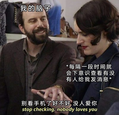 这是一张基于影视截图改编的梗图，以幽默扎心的方式刻画当代人的社交日常。图中左侧男性被标注为“我的脑子”，面带笑容伸手阻止右侧女性查看手机，配文“别看手机了好不好 没人爱你 stop checking. nobody loves you”；右侧女性对应的行为描述为“*每隔一段时间就会下意识查看有没有人给我发消息*”，精准戳中了很多人频繁无意识查看手机、期待收到消息却常常落空的孤独与失落，用自嘲风格引发大众共鸣。