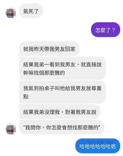 整张图是一段即时通讯软件的聊天记录截图，左侧发言的女生先表示自己很生气，回复的友人询问原因后，女生讲述事由：自己昨天带男友回家，弟弟见到男友后直接吐槽“干嘛找个那么丑的”，女生愤怒拍桌要求弟弟尊重男友，没想到弟弟无视姐姐的要求，转而对着她男友提问“我问你，你怎么会想找那么丑的”，友人看到这里笑到回复“哈哈哈哈哈哈干”。内容的笑点在于反转，大家原本以为弟弟是吐槽姐夫长得丑，实际上弟弟是觉得姐姐长得丑，疑惑姐夫为什么会和姐姐交往，形成意料之外的喜剧效果。