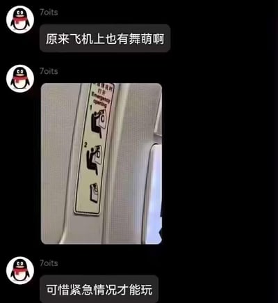 这是一张QQ聊天记录截图，用户「7oits」先是发送消息「原来飞机上也有舞萌啊」，随后附上飞机上的紧急开门操作指南标识图，最后调侃「可惜紧急情况才能玩」。图中的紧急开门步骤图示，因动作姿势类似音游《舞萌（maimai）》的操作动作，被玩家趣味玩梗，将严肃的安全指南调侃成音游玩法，制造出反差搞笑的效果。