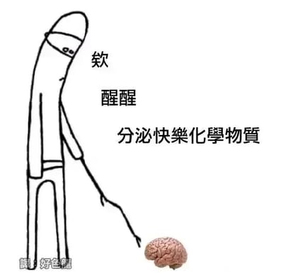 这是一张线稿风格的自嘲梗图，画面呈现一个身形细长、精神萎靡的抽象卡通人，手持一根细棍戳向地面上的大脑图案，旁边配有文字“欸 醒醒 分泌快乐化学物质”。图中用幽默的方式调侃了人在情绪低落、精神疲惫时，自我催促大脑分泌多巴胺等能带来愉悦感的化学物质，以此试图摆脱低落状态的心理，用简单夸张的画面精准表达了想要自我鼓励、提振情绪的诉求。左下角带有“譯: 好色龍”的水印，表明这是经过翻译的梗图。