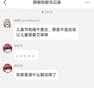 这是一张群聊记录截图，显示了两位用户关于儿童节和端午节重合的搞笑对话。用户"恒瞬EternalMoment"提出："儿童节和端午重合，那是不是应该让儿童准备艾草啊"，而用户"埃拉托"先是用省略号回应，随后调侃道："你家里请什么都没用了"。对话巧妙结合了两个节日的元素，形成了幽默效果。