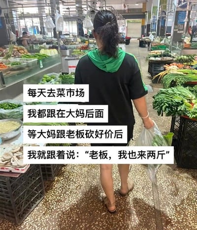 该图片拍摄于菜市场，画面中一位背影大妈提着塑料袋走在市场过道中，画面配有搞笑文字，描绘了作者生活中每次跟在大妈身后，让大妈先砍价，自己随后用砍好的价格买菜的趣事。这种行为既机智又带有生活气息，反映中国家庭在日常买菜中追求实惠的小聪明，也调侃了大妈买菜砍价的技巧。