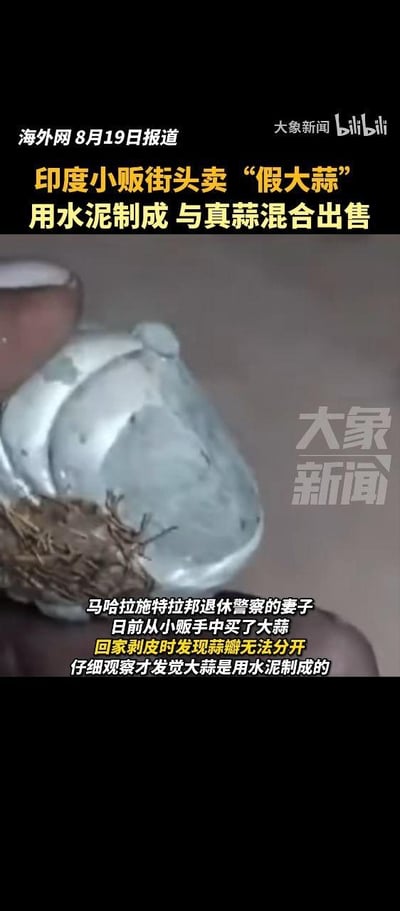 这是一张新闻截图，内容为海外网8月19日报道的印度食品安全事件。画面主体是一只手拿着一颗用水泥制成的假大蒜，蒜瓣呈现不自然的灰白色，根部还粘有泥土以伪装。图片上方有黄色标题文字“印度小贩街头卖‘假大蒜’用水泥制成 与真蒜混合出售”，下方文字详细说明事件经过：马哈拉施特拉邦一名退休警察的妻子从小贩处购买大蒜后，回家剥皮时发现蒜瓣无法分开，仔细观察才发现竟是水泥制品。整体画面清晰展示了假大蒜的外观特征，结合文字形成完整的新闻报道场景。