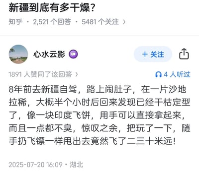 本图是一张知乎关于『新疆到底有多干燥』的热门问答截图。用户描述了自己在新疆旅行时，因肚子不适在沙地上排便，短短半小时后粪便迅速风干，形成类似印度飞饼的硬块，甚至可以拿起来当飞镖一样甩出去，引发网友广泛关注和搞笑讨论。该回答以幽默风趣的方式展现了新疆极端干燥的气候特点，也间接表达了人们对极端生活体验的好奇。