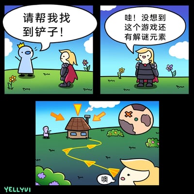 这是一幅三格搞笑卡通漫画，围绕游戏任务展开笑点。第一格中，戴着皇冠的卡通NPC站在草地上，抬手向金发骑士请求：“请帮我找到铲子！”；第二格中，金发骑士兴奋地站在原地，感叹“哇！没想到这个游戏还有解谜元素”，误以为要开启复杂的解谜流程；第三格中，画面展示了类似大型3A游戏的解谜指引界面：带有黄色箭头的路线指向小屋、草丛，橙色箭头标注小屋位置，还有带叉号标记的地球图标，一旁的小紫人还指向小屋，营造出需要探索解谜的浓厚氛围，但实际上要找的铲子就明晃晃地放在小屋的烟囱上，金发骑士看到这一幕发出“噢”的感叹，用“把简单任务过度包装成复杂解谜”的反差感，讽刺了部分游戏设计中刻意复杂化简单内容的不合理之处，搞笑又贴合玩家的游戏体验。