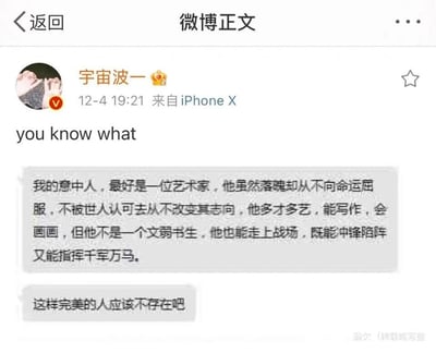 这是一张微博正文的截图，带V认证的用户“宇宙波一”于12月4日19:21通过iPhone X发布该内容。内容开头为英文“you know what”，随后附上两段聊天记录：第一段详细描述了用户理想中的意中人，希望对方是一位落魄却不屈从命运、坚持志向的艺术家，兼具写作画画的才艺，同时并非文弱书生，既能上战场冲锋陷阵，也能指挥千军万马；第二段则表达了对这样完美之人是否存在的感慨，认为其应该不存在。截图右下角带有“酸欠（转载或写些）”的水印。整体内容是用户对理想型伴侣的想象与自我感慨，属于日常的情感类社交分享。