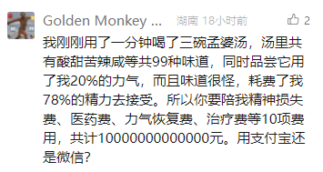 这是一张来自国内社交媒体平台的用户动态截图，用户“Golden Monkey”标注发布地点为湖南，发布于18小时前，动态收获2个点赞。用户发布了一段无厘头的搞笑内容，以“一分钟喝了三碗孟婆汤”为荒诞的虚构前提，编造了汤里有99种味道、耗费自身20%力气和78%精力的理由，向他人索要包含精神损失费、医药费等10项费用在内的总计100000000000000元的巨额赔偿，最后还一本正经地询问对方使用支付宝还是微信支付，内容充满了网络整活的幽默感，用夸张且不符合现实的设定制造搞笑效果。