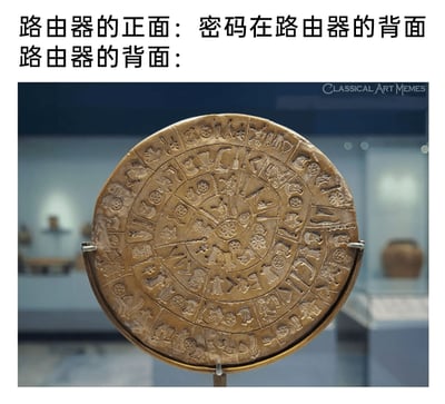 这是一张结合古典文物的搞笑梗图，上方文字设置了日常场景：路由器正面提示用户密码在背面，而所谓的“路由器背面”配图是斐斯托斯圆盘——这是刻有至今未被破译的神秘符号的古希腊文物。用这个圆盘来调侃路由器背面的密码如同无法解读的天书，制造出寻找密码却遇到完全看不懂内容的反差感，吐槽复杂到难以识别的路由器密码，或是那种找密码却陷入“无解”困境的搞笑体验。