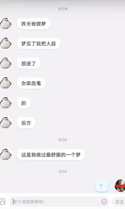 这是一张竖屏的手机端聊天记录截图，左侧发言用户使用胖胖企鹅形象作为头像，将一段玩梗内容拆分成多条短句依次发送，内容为自己做了个梦，梦里把大蒜放进了女吸血鬼的后方，还补充说这是自己做过最舒服的梦；右侧的另一位用户看到这段内容后仅回复了一个问号表情。该内容利用吸血鬼惧怕大蒜的经典设定，结合带有暗示性的表述制造笑点，整体是网络上常见的搞笑聊天段子，界面还能看到顶部的消息时间、底部的聊天输入框等常规社交软件聊天页元素。