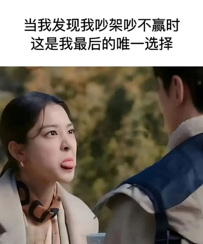 图片上方配有文字“当我发现我吵架吵不赢时 这是我最后的唯一选择”，下方是一位女性正对着对面的男性吐舌头的场景。女性表情俏皮中带着一丝挑衅，整体画面通过夸张的动作和文字结合，幽默地表达了在吵架处于下风时的无奈反击心态，充满生活气息和趣味性。
