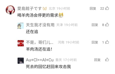 这是一张社交媒体评论区的静态截图，共展示了四条用户评论，均围绕追更和“喝羊肉汤会停更”的创作者梗展开互动：第一条来自北京用户“愛島館子です”，评论内容为“喝羊肉汤会停更的需求😼”，获得22个点赞；第二条是天津用户“天生我才没有用”评论“还在追”，获得8个点赞；第三条河南用户“不是，哥们儿...”玩谐音梗，评论“羊肉汤还在追！”，获得1个点赞；第四条重庆用户“Au+Cl==Al+Cu”评论“死去的回忆赶回来攻击我”，暂未获得点赞。评论区通过谐音梗将追更内容与停更梗结合，制造出趣味效果，最后一条评论则表示该梗唤起了自己的旧回忆。