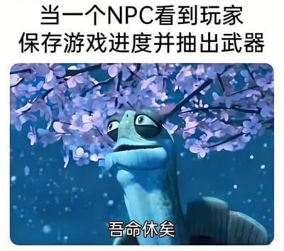 图片上方有文字“当一个NPC看到玩家保存游戏进度并抽出武器”，中间是《功夫熊猫》中的乌龟大师抬头惊恐仰望的画面，下方配有文字“吾命休矣”。整个图片通过乌龟大师夸张的惊恐表情，幽默地表现了游戏中NPC看到玩家准备战斗时的绝望反应。