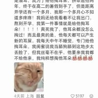 这是一张社交媒体评论区的截图，下方搭配了一张表情委屈的猫咪实拍图。评论内容是一位大学生分享的搞笑生活经历：距离开学还有一个多月，他忍不住提前到校，第一件事就是给舍友掏耳朵，结果舍友体验过之后每天都要让他掏，甚至他回老家舍友也追过去，现在他躲起来舍友还威胁要找他妈妈，楼主表示已经掏耳朵掏到害怕。下方的猫咪图完美契合了楼主无奈又委屈的心情，让整个吐槽更有笑点。