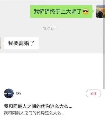 聊天记录截图中，绿色气泡消息写着'我铲铲终于上大师了😎'并带有墨镜表情，时间显示15:16；下方白色气泡消息为'我要离婚了'。截图底部显示用户'Dh'的头像及文字'我和同齡人之間的代沟这么大么...我和同齡人之間的代沟这么大么...'。通过游戏段位提升与婚姻变故的强烈对比，幽默地展现了不同人关注点的差异，引发对代沟问题的调侃。