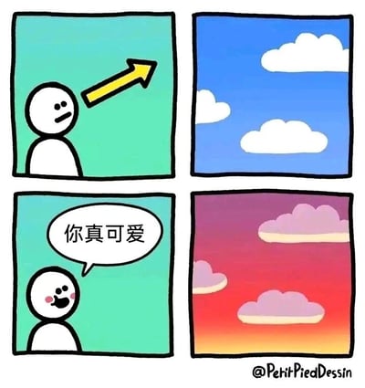 这是一幅四格连环治愈系卡通漫画，采用简约的画风。第一格中，一个白色简约卡通小人侧头看向画面右上方，黄色箭头将视线引向第二格；第二格呈现的是白天的蓝天，上面漂浮着几朵洁白的云朵；第三格中，这个白色卡通小人脸颊泛起红晕，面带笑意，说出“你真可爱”的夸赞话语；第四格则切换到黄昏时分的天空，原本的白色云朵变成了粉紫色，仿佛是被小人的夸赞打动，害羞得“脸红”了。漫画通过拟人化的手法，将云朵赋予人类的情绪反应，营造出温馨、治愈又充满童趣的氛围，传递出一种简单的温暖感。
