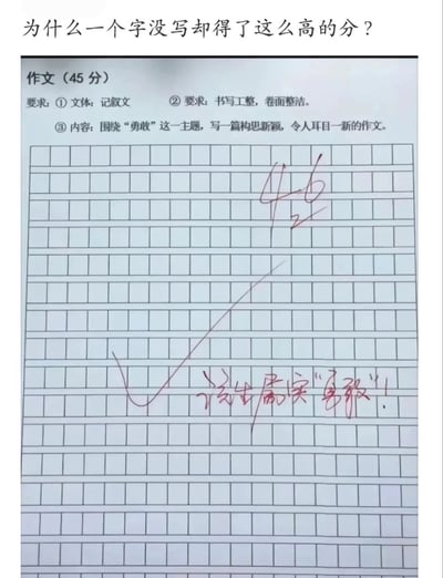 这张图片是一道作文题，要求以“勇敢”为主题写一篇新颖的作文。然而，学生的答卷上一个字没有写，却被老师打出了46分（满分45分还多1分），并写评语：“这样的属于‘勇敢’！”整张图以一种荒诞、幽默的方式诠释了“勇敢”主题，实现了出人意料的反转。

双关说明：主旨与“勇敢”呼应——空白答卷本身就是一种“极其勇敢”的表达，有明显双关和反讽意味。