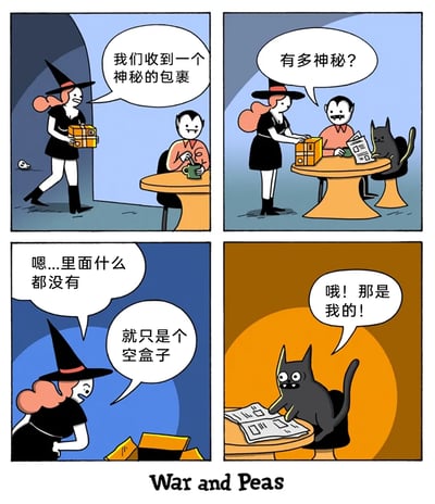这是一幅四格连环幽默漫画，以奇幻拟人角色为主角展开故事：第一格中，女巫模样的角色手持一个黄色盒子走来，告知桌边的吸血鬼收到了一个神秘包裹；第二格中，吸血鬼一边喝咖啡一边好奇询问包裹的神秘程度，一旁的黑猫正淡定看着报纸；第三格中，女巫打开包裹后露出疑惑的神情，发现里面是空的，坦言这只是个空盒子；第四格中，原本淡定的黑猫突然变得兴奋，瞪大双眼大喊这个空盒子是它的。漫画巧妙利用现实中猫咪普遍喜爱空盒子的有趣习性作为笑点，将女巫、吸血鬼、黑猫拟人化，通过简短的对话和角色神态动作的变化，营造出轻松诙谐的氛围。