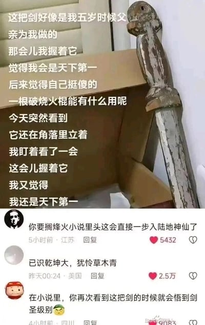 这张图片是竖屏的社交媒体截图，属于图文混排内容。画面主体是一把由烧火棍改造而成的“剑”，剑柄和剑身都布满岁月痕迹，显得陈旧不堪。图片上方是发布者的配文，讲述了自己与这把“剑”的心境变迁：五岁时父亲为自己制作了这把“剑”，当时握着它满心觉得自己是天下第一；长大后觉得这只是无用的烧火棍，心生自嘲；如今再次看到角落里的它，握着它又重新找回了当年那份“天下第一”的心境。图片下方是三条网友评论：第一条评论以网文梗调侃，称这要是在烽火戏诸侯的小说里，发布者此刻会直接成为陆地神仙；第二条评论引用马一浮的诗句“已识乾坤大，犹怜草木青”，精准呼应发布者历经世事后仍保有赤子之心的心境，这条评论获得2.5万点赞，是最高赞评论；第三条评论同样以网文梗回应，称在小说里此刻发布者会悟到剑圣级别。