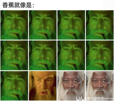这是一张九宫格形式的meme梗图，顶部配有文字“香蕉就像是：”，用不同形态的甘道夫形象模拟香蕉的“变化过程”：前9张是添加了绿色滤镜的《指环王》中甘道夫叼着烟斗的画面，对应未成熟的青香蕉；第10张是正常色调的甘道夫，对应成熟的黄香蕉；最后两张是AI生成的黑人版甘道夫，玩了和香蕉相关的低俗刻板印象梗，通过重复画面和渐变式的形象转变，制造荒诞搞笑的效果。