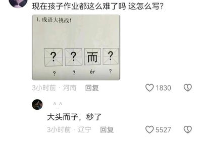 这是一张短视频社交平台的评论区截图，上方是来自河南的用户发布的内容：展示了一道孩子的“成语大挑战”作业题，四个田字格中仅第三个为“而”字，其余为问号，用户配文表达对作业难度的疑惑“现在孩子作业都这么难了吗 这怎么写？”，该内容收获1830个点赞。下方是来自辽宁的用户的评论，利用经典动画《大头儿子和小头爸爸》的角色名玩谐音梗，将“大头儿子”谐音为“大头而子”，回复“大头而子，秒了”，这条搞笑的玩梗评论获得了5527个点赞，以调侃的方式回应了作业难题，充满网络趣味。