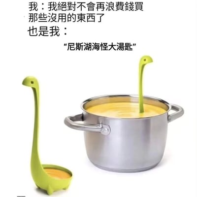 这是一张关于网购“无用但可爱”小物件的搞笑梗图。画面上有一句内心独白，说自己再也不乱买没用的东西了，但下一刻却跑去买了一个造型像尼斯湖水怪（尼斯湖海怪）的汤勺。汤勺放进锅里后，伸出的勺柄很像传说中的水怪浮出水面的样子，十分有趣，形成极具视觉反差效果的幽默场景。

本图有明显的自我讽刺色彩和消费冲动双关，反映现实生活中很多人面对可爱奇特小物时会破防忍不住下单。