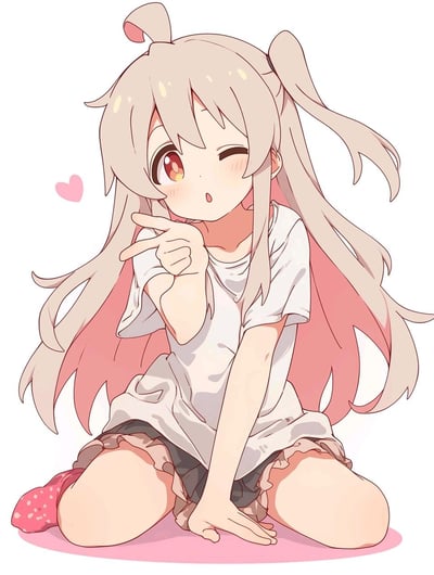 An anime-style illustration of a young girl with long light gray hair tied into twin pigtails, wearing a white short-sleeved t-shirt and black frilled shorts. She has large, shiny red eyes with one eye winking, blushing cheeks, and is sitting on a pink circular base. Her right hand is raised in a pointing gesture, and a small pink heart floats near her left shoulder, giving a playful and shy vibe.