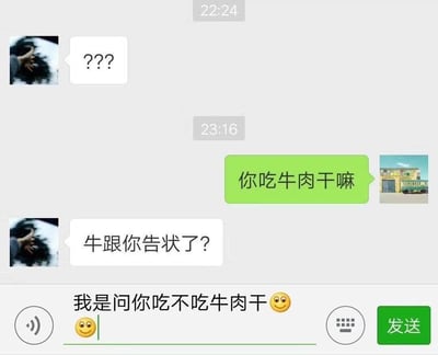 这是一张聊天记录截图，展示了一段因“牛肉干”引发的搞笑误会对话。截图中包含两条时间戳消息：22:24时用户A发送了带有“???”的疑问消息（头像为一只手抓着凌乱头发的图片）；23:16时用户B发送绿色气泡消息“你吃牛肉干嘛”（附带一张建筑物照片），用户A则回复“牛跟你告状了？”。聊天输入框中显示用户B未发送的文字“我是问你吃不吃牛肉干😊”，整体对话通过谐音双关制造笑点——将“吃牛肉干”曲解为“牛告状”。