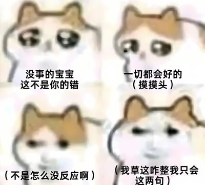 该图为四格连环卡通表情包，主角是四只风格相似的柴犬形象。左上柴犬配文“没事的宝宝 这不是你的错”，表情温柔；右上柴犬配文“一切都会好的（摸摸头）”，做出安慰姿态；左下柴犬配文“（不是怎么没反应啊）”，表情疑惑；右下柴犬配文“（我草这咋整我只会这两句）”，表情慌张。通过外在安慰与内心真实想法的反差，营造出搞笑又无奈的效果，展现了想安慰人却词穷的尴尬场景。