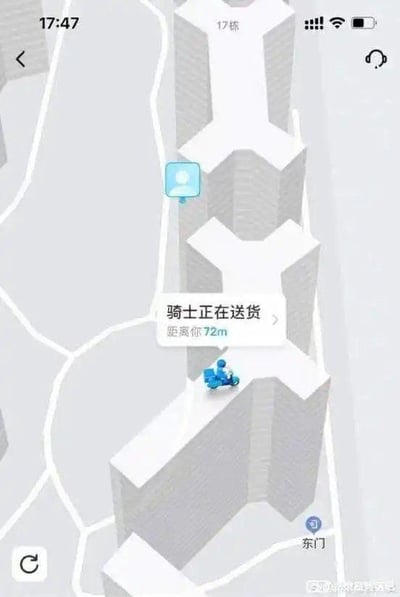 这是一张外卖配送APP的竖屏界面截图，界面左上角显示时间为17:47，地图采用3D建筑建模样式，标注出了“17栋”和“东门”的位置。代表用户的蓝色头像图标位于17栋建筑旁，而代表外卖骑士的蓝色电动车图标却因定位bug被错误显示在17栋的楼体顶部，同时界面弹出白色提示框，清晰写着“骑士正在送货 距离你72m”。这个显示失误让原本正常的配送场景变得荒诞滑稽，仿佛外卖骑士要从楼顶给用户送餐，充满了搞笑的反差感。
