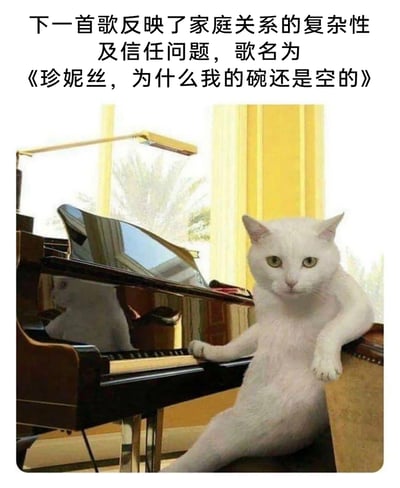 这是一张充满趣味的萌宠创作图片，画面中一只白色猫咪被摆成人类的姿态，一只前爪搭在黑色三角钢琴的琴键上，另一只前爪搭在钢琴边缘，神态严肃，仿佛正以钢琴家的身份准备表演。图片上方配有搞笑文案，称接下来要演唱的歌曲反映家庭关系的复杂性及信任问题，歌名是《珍妮丝，为什么我的碗还是空的》，将猫咪抱怨自己猫粮碗空置的日常小事，用严肃的表述包装成探讨家庭关系的“严肃歌曲”，通过强烈的反差感制造出幽默搞笑的效果，拟人化地展现了宠物对主人“没添粮”的“不满”。