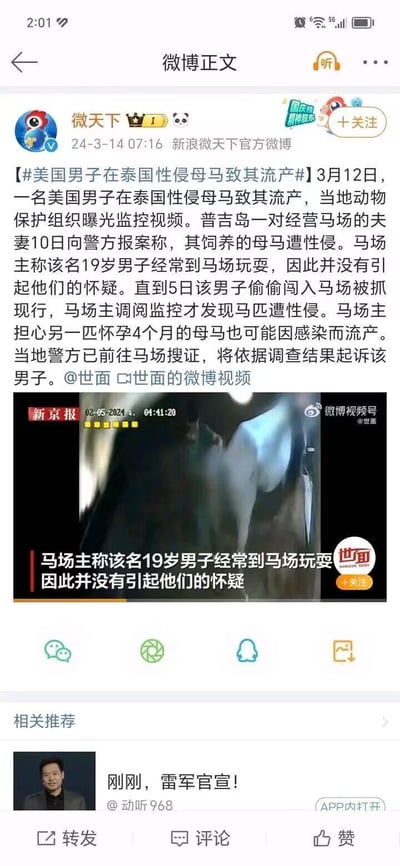 这是新浪微天下官方微博发布的社会新闻，内容为2024年3月12日曝光的一起恶性事件：一名19岁美国男子在泰国普吉岛的马场性侵怀孕母马，导致母马流产。马场主因该男子常来马场玩耍未起疑心，直到男子偷偷闯入被抓现行，调阅监控才发现此事，同时担心另一匹怀孕4个月的母马会因感染流产。当地警方已介入，将根据调查结果起诉该男子。微博附带了由新京报、世面提供的监控视频截图，视频中显示了相关场景。