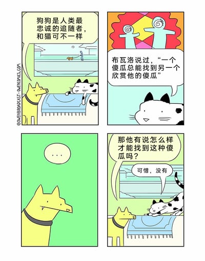 这是一幅四格原创幽默漫画，第一格中，黄色的狗狗对着趴在沙发上的黑白猫炫耀，称狗狗是人类最忠诚的追随者，和猫截然不同，背景窗外呈现主人牵着狗的画面；第二格中，黑白猫淡定地引用布瓦洛的名言“一个傻瓜总能找到另一个欣赏他的傻瓜”，背景搭配两个眩晕状态的人形图案，暗讽主人与狗的关系；第三格中黄狗被怼得无言以对，仅以省略号回应；第四格黄狗转而疑惑地询问布瓦洛有没有说明如何找到这种“傻瓜”，黑白猫则遗憾地表示没有。漫画通过猫狗的对话，用文学名言巧妙反讽了狗狗对“忠诚”的自我标榜，充满诙谐的吐槽感。