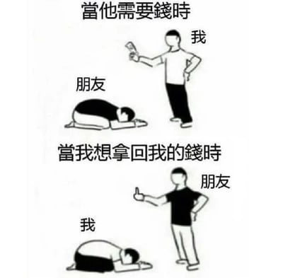 这是一张上下对比的连环卡通梗图，整体为黑白简约画风。上方区域标注文字“當他需要錢時”，画面里标注为“朋友”的卡通人物双手撑地、额头贴地，姿态极其卑微，标注为“我”的卡通人物则站在一旁，一手叉腰一手拿着钱，姿态强势；下方区域标注文字“當我想拿回我的錢時”，两人的姿态完全反转，标注为“我”的人物趴在地上，姿态卑微，标注为“朋友”的人物站在一旁，一手叉腰一手做出摆手的动作，姿态强势。这张图用夸张的姿态对比，生动讽刺了现实生活中“借钱时对方姿态卑微，要债时自己姿态卑微”的无奈现象，精准戳中了很多人遭遇过的被欠钱难追回的社交痛点，引发大众共鸣。