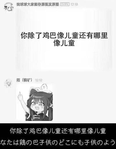 该图为黑白色调的社交媒体聊天记录截图，属于网络玩梗内容。上方第一条消息由昵称为“我球球大家能存原图发原图”的用户发出，内容为低俗辱骂语句；第二条消息由昵称为“陌（铜矿）”的用户回复，内容是一个面带笑容、比出中指的Q版动漫女孩表情包；图片底部再次重复了上述辱骂语句，还搭配了语义不通的错误机翻日文内容，整体带有嘲讽性质。