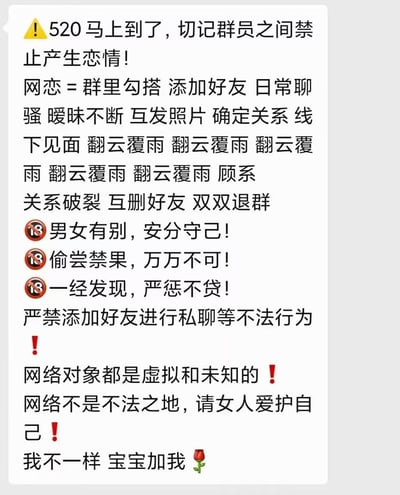 一张幽默的群公告截图，内容是在520前夕禁止群成员之间产生恋情，列举了网恋从开始到结束的完整流程，最后却以'我不一样 宝宝加我'的反差结尾，形成搞笑效果。