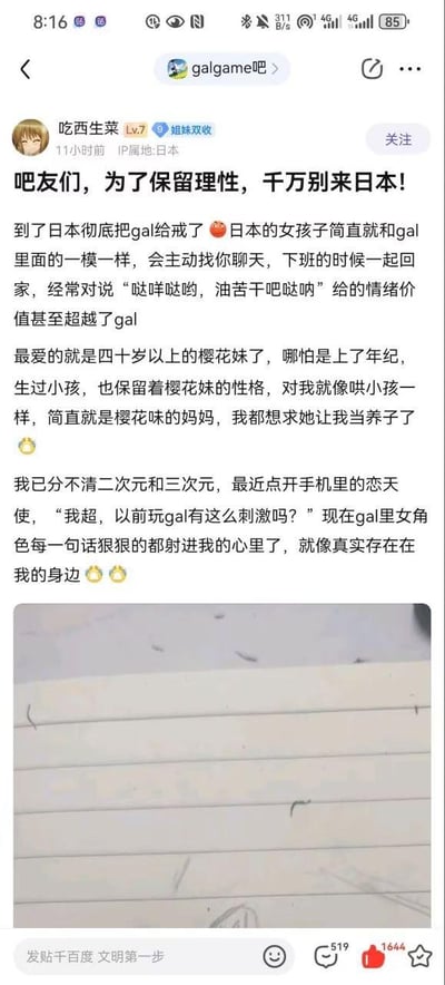 这是百度贴吧galgame吧的一篇用户原创帖子，发布者ID为“吃西生菜”（Lv7，IP属地日本），发帖分享自己在日本的生活体验：称日本的女孩子和galgame里的角色几乎一模一样，会主动搭话、下班同行，说的日语台词也充满gal感，带来的情绪价值甚至超越了galgame；尤其偏爱四十岁以上的日本女性，觉得她们依旧保留温柔的性格，像“樱花味的妈妈”一样哄着自己，甚至想认对方做养母。发布者表示自己已经分不清二次元和三次元，连玩曾经的galgame《恋天使》都觉得像现实一样刺激，因此彻底把galgame戒了。帖子下方附带一张空白的带线纸张图片，目前该帖收获了519条评论和1644个赞。